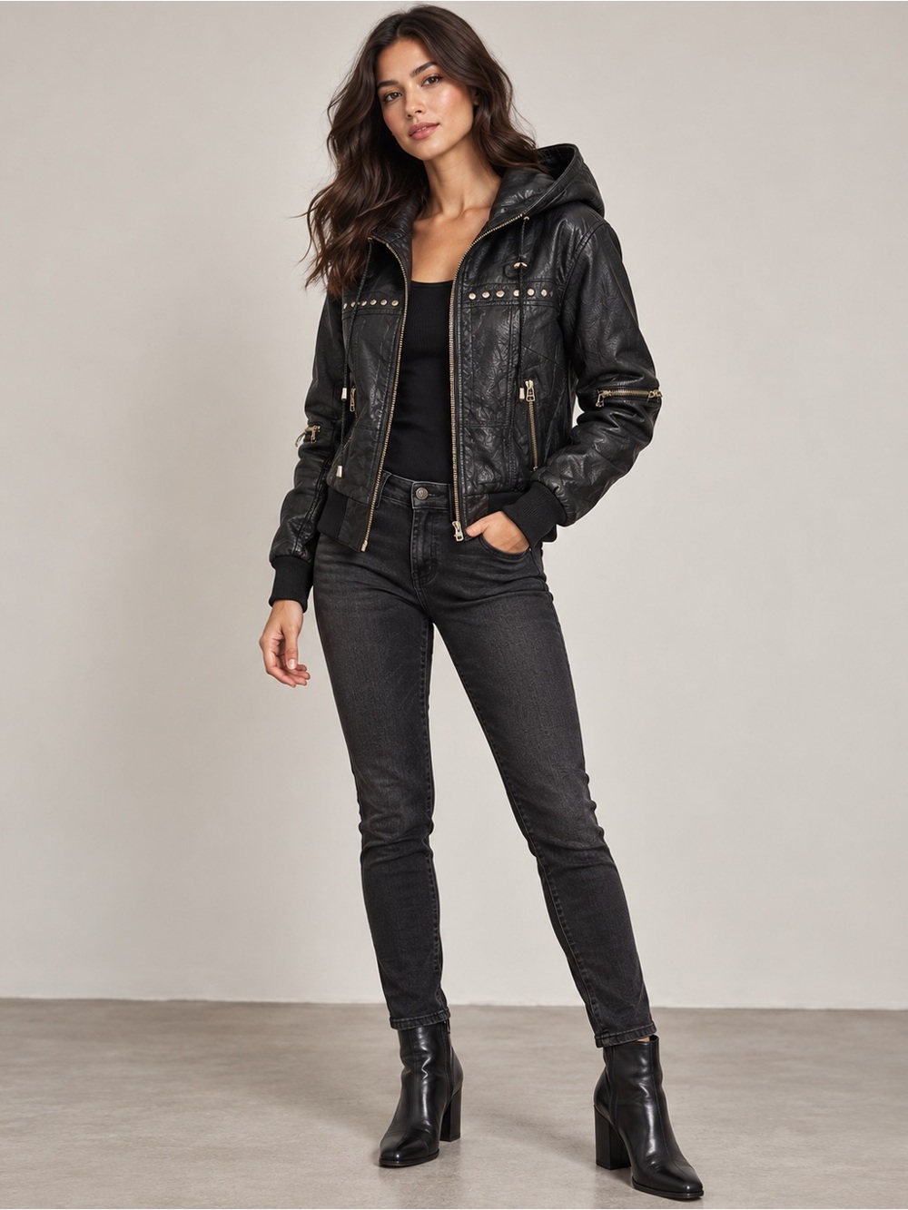 Danier Black Leather Embellished Jacket Size 3XS